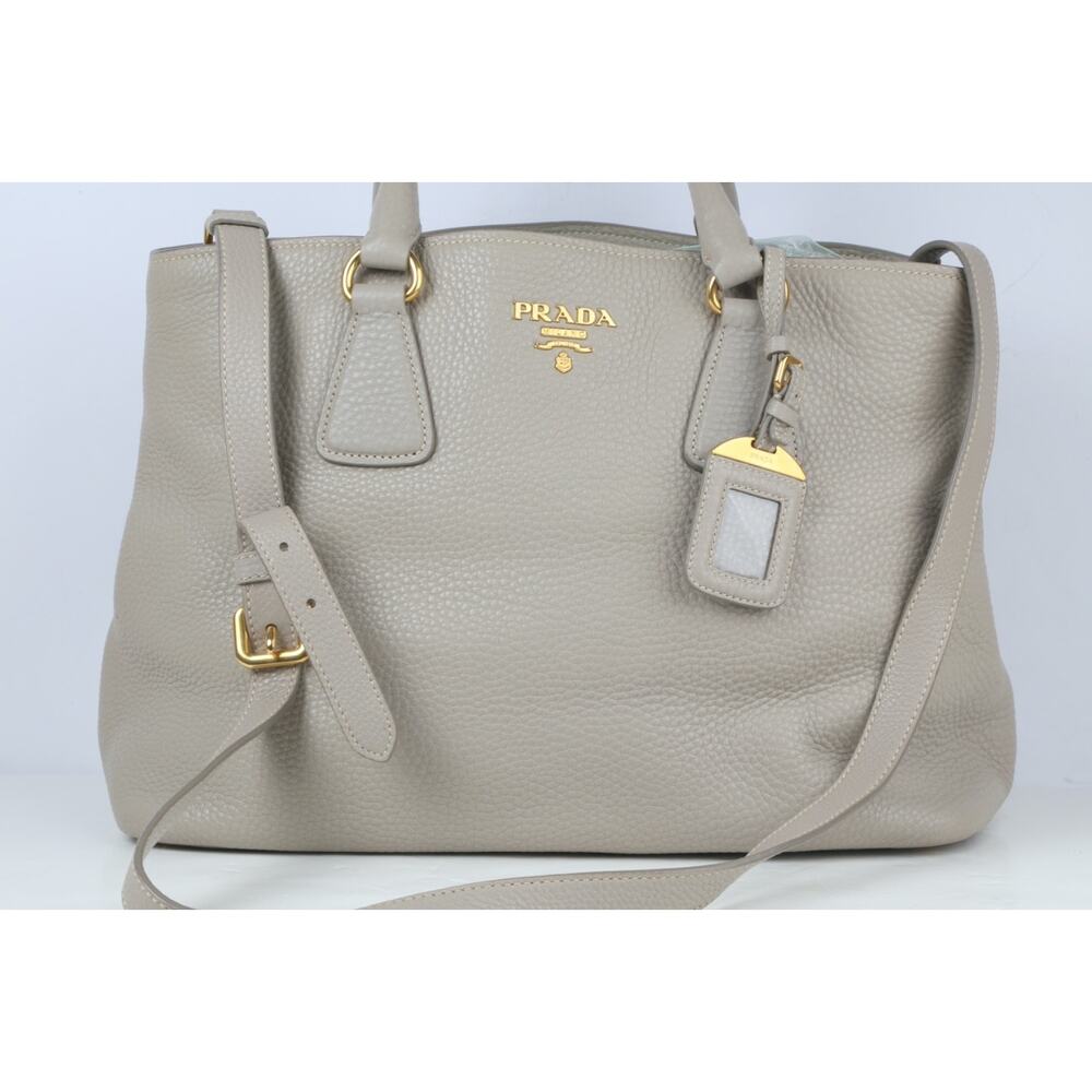 PRADA Vitello Daino Tote Taupe Gray Pebbled Grained Leather Shoulder Strap Bag - Picture 9 of 16